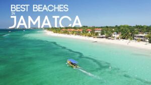 feature image for best beaches in Jamaica with text over an image of 7 mile beach in Negril Jamaica and a boat