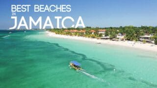 feature image for best beaches in Jamaica with text over an image of 7 mile beach in Negril Jamaica and a boat