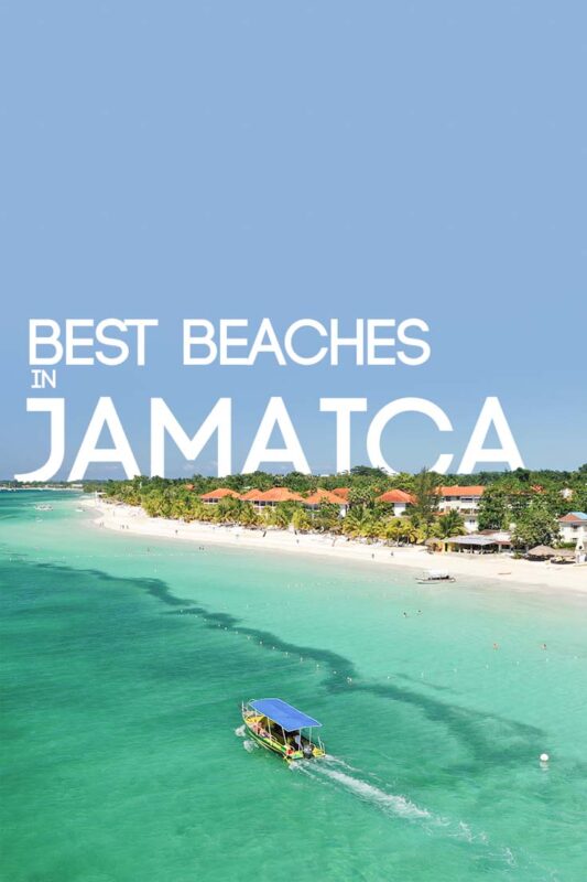 pinterest pin for best beaches in Jamaica - Boat driving along 7 mile beach in Negril one of Jamaica's best beaches