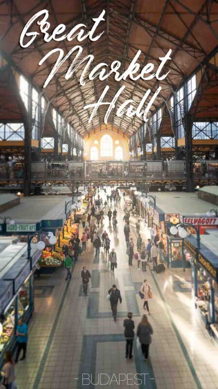 Pinterest pin for Great Market Hall in Budapest - Interior of the market with sun shining in the windows 