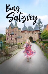 Pinterest Pin for Burg Satzvey Castle in Germany - Woman walking into the castle in a red dress