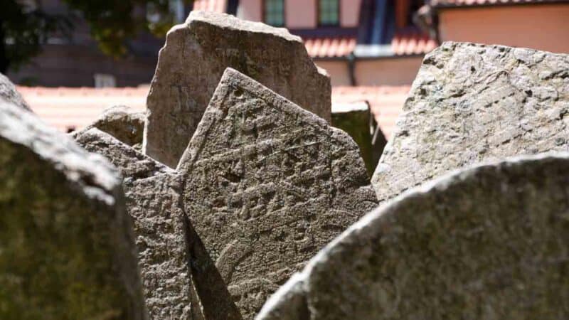 Headstone piled together in the Prague Old Jewish Cemetery