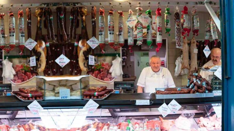 Local Meat vendor stall inside the Great Market Hall in Budapest Hungary