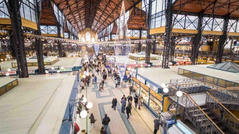 View from the second level looking down on the Great Market Hall in Budapest