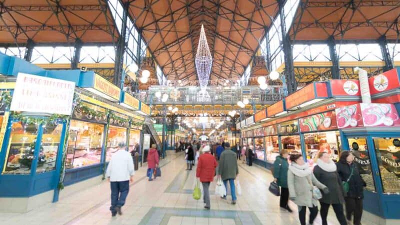 gound level middle row of the Budapest Great Market hall filled with vendors and food stalls