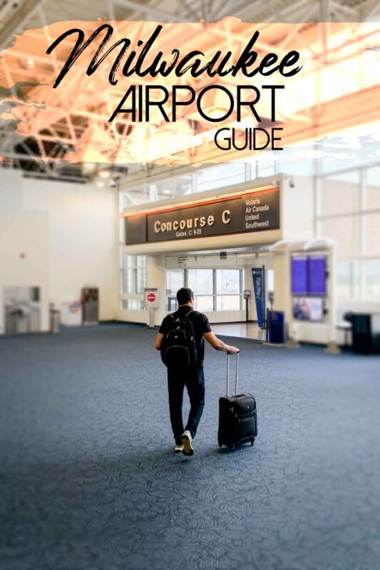 pinterest pin for Milwaukee airport Parking and Terminal Guide - Man walking into concourse C at the General Mitchell Airport