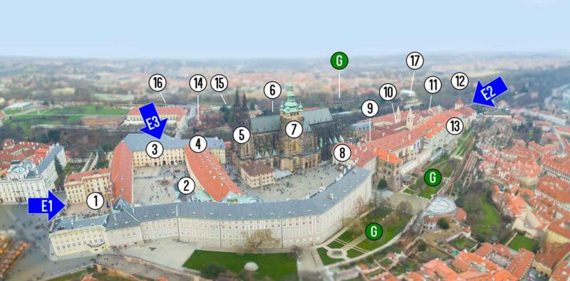 Map of Prague Castle - Aerial View with buildings labeled with numbers