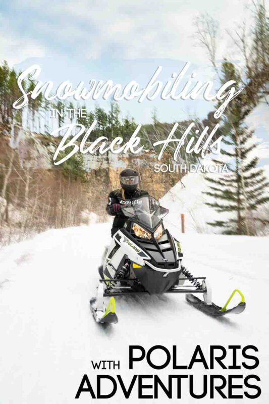 woman riding a snowmobile - Pinterest pin for Snowmobiling in the black hills of South Dakota - Polaris Adventures