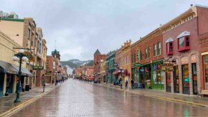 A View of Historic Deadwood, SD from ground level during the rain