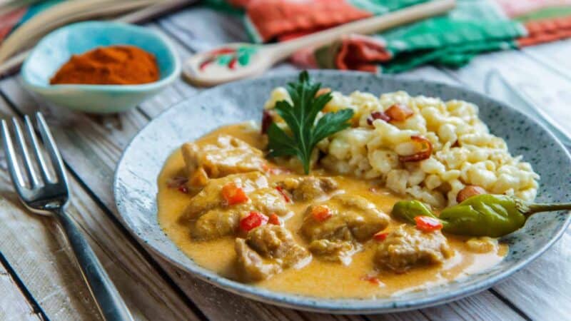 Plate of Chicken Paprikash in Budapest