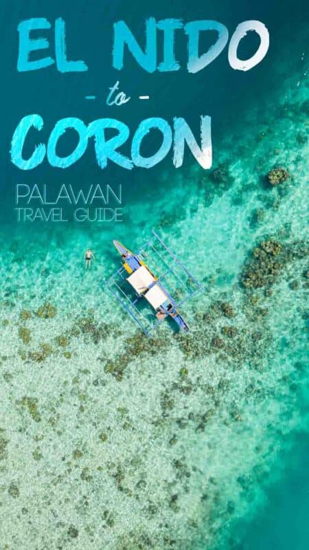 Drone photo of a ferry boat traveling from El Nido to coron Palawan in aqua colored water - Pinterest Pin