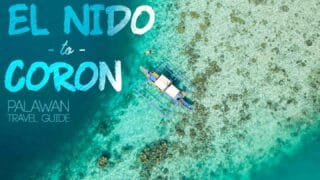 Drone photo looking down at boat ferry traveling from El Nido to Coron Palawan Philippines - Featured Iamge