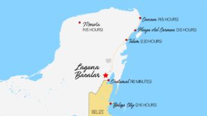 map of how to get to Laguna Bacalar Mexico - travel times from tourist areas in mexico