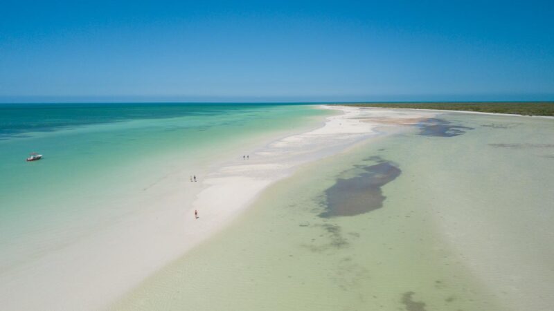 Photo of Las Nubes sand bar from a drone - Isla Holbox sand bank island - Turquoise water and thin strip of white sand