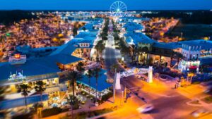 Aerialview of Pier Park at night - Best things to do in Panama City Beach