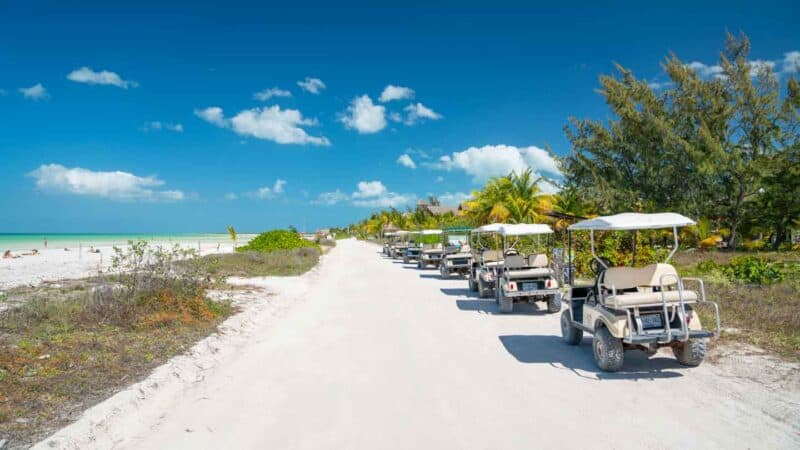 a line of golf carts for rent parked on Holbox island - Things to do in Holbox