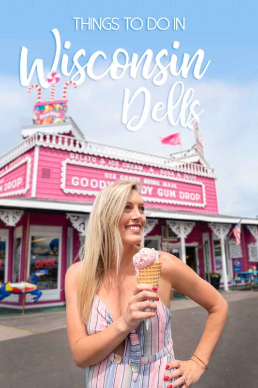 pinterst pin for things to do in Wisconsin dells - woman standing infront of pink candy shop in the Dells, wisconsin