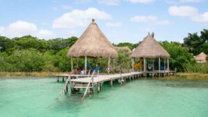 Pier of a hotel on Laguna Bacalar - places to stay on the lake in Bacalar Mexico