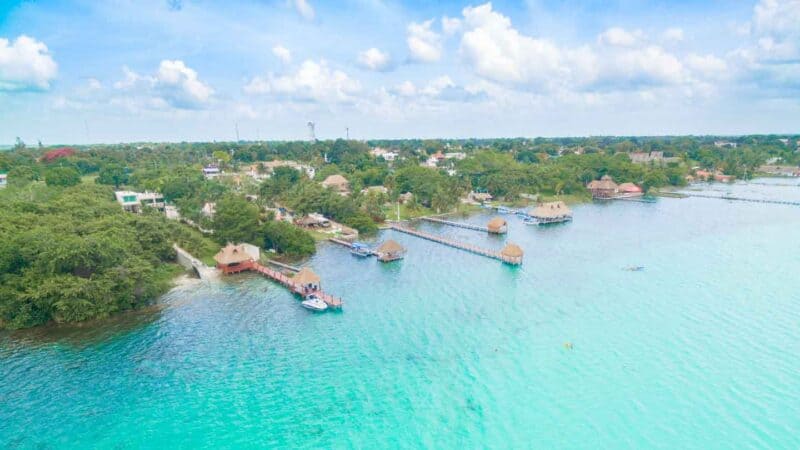 Aerial photo of hotels in Bacalar Mexico on the lake or lagoon