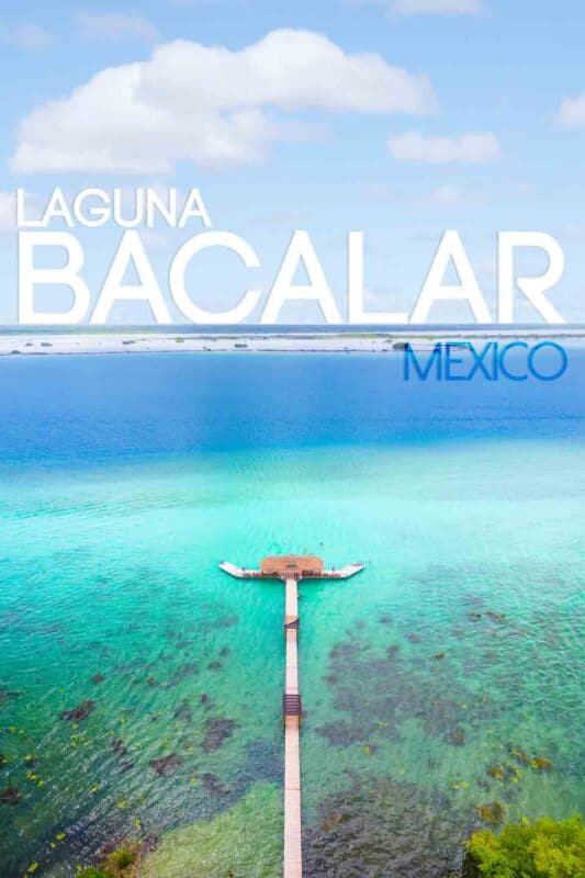 Long dock extending into the 7 shades of blue in Laguna Bacalar - Pinterest Pin for Bacalar Mexico