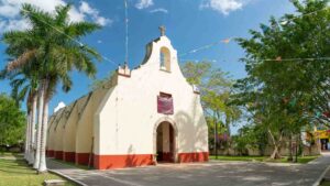 view of the exterior view of the San Joaquin Parish Church in Bacalar Mexico