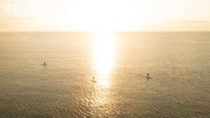group of three paddle boarders on a sunrise SUP tour in Bacalar