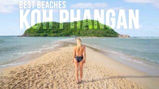 Woman standing on one of the best beaches in Koh Phangan Thailand - Mae Haad beach - Featured image with white text overlay