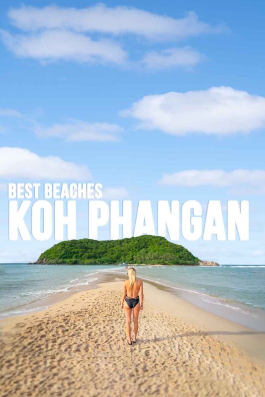 Woman in a black swim suit standing on Mae Haad one of the best beaches in Koh Phangan Thailand - Pin