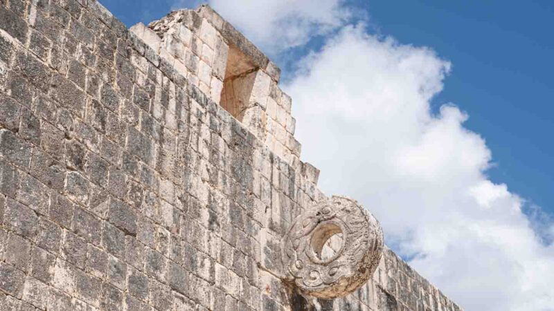 Limestone walls and hoop of the great ball count at the Chichén Itzá mayan site