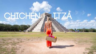 Woman walking infront of El Castillo Pyramid at Chichén Itzá Mayan Ruins Site - Featured Image with White Text