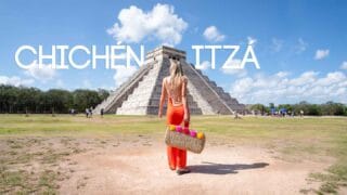 Woman walking infront of El Castillo Pyramid at Chichén Itzá Mayan Ruins Site - Featured Image with White Text