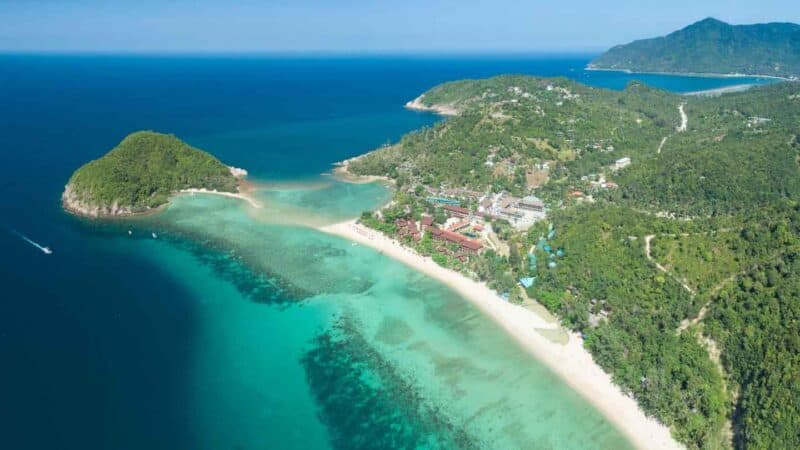 Aerial of Mae Haad Beach and Ko Mae Beach in Koh Phangan