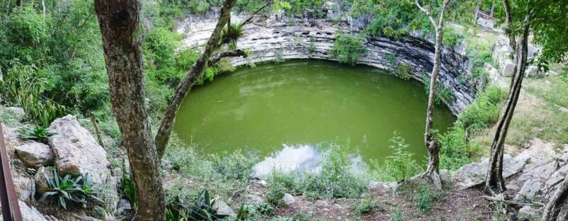 Looking down into the green waters of the scared cenote at the Chichén Itzá mayan ruin site