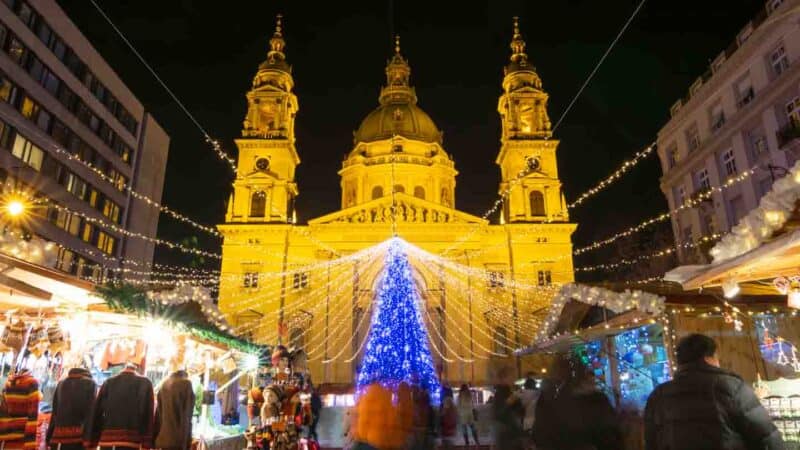 View of the St. Stepen's Basilica Market at night - Best Christmas Markets in Budapest