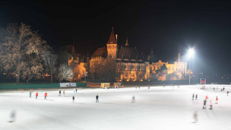 Large Budapest Ice Rink with old buildings behind - things to do in Budapest in December 