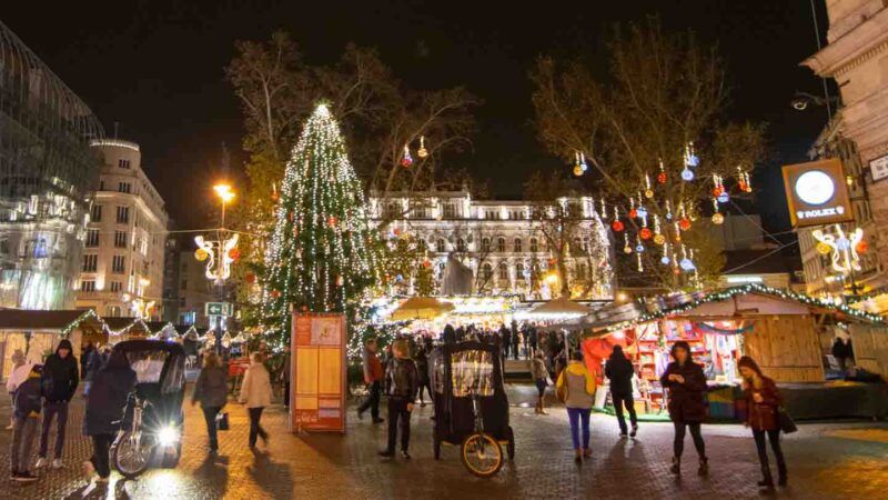 Large Christmas tree and busy market at vörösmarty square - Budapest Christmas Market