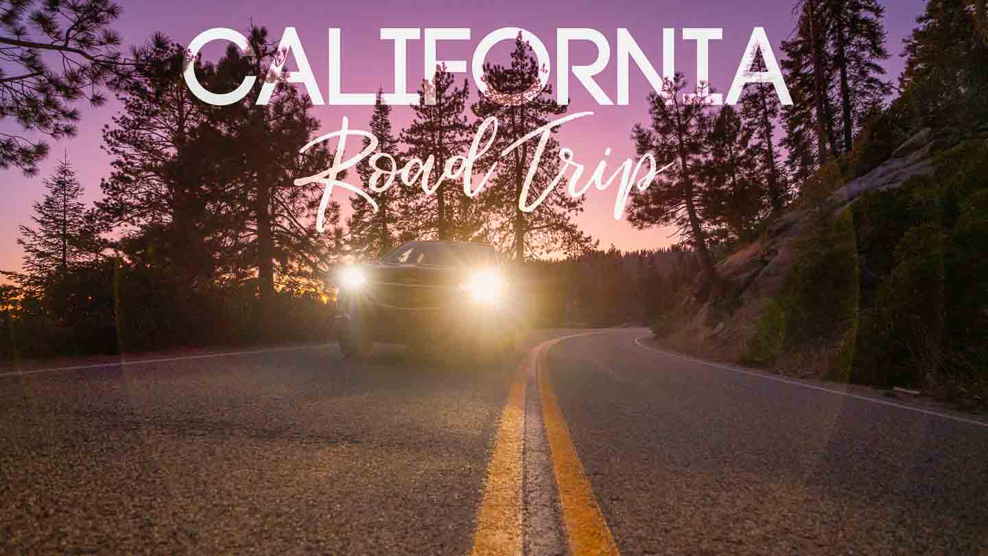 car driving on a road a sunset - California Road Trip Featured Image