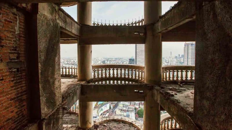 View from inside the Abandoned Skyscraper Bangkok Sathorn Unique Tower looking out on to the city