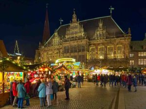 German Christmas Market in Bremen Market Square at night
