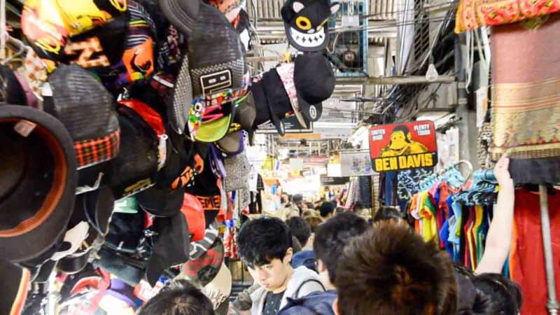 View of the interor of the busy and crowded Chatuchak Weekend Market in Bangkok