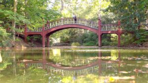 couple standing on the Crim Dell Bridge on the campus of William and Mary - Williamsburg Virginia things to do
