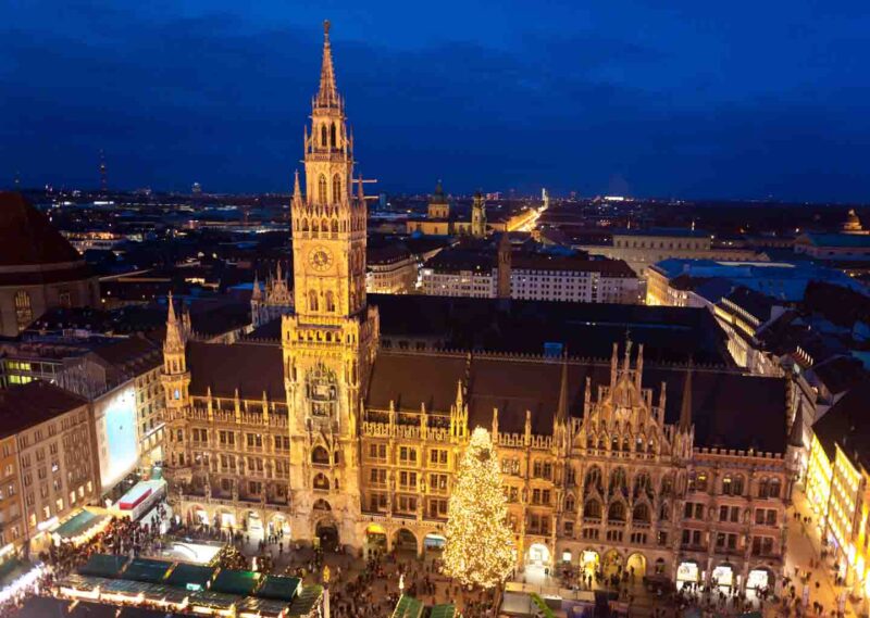 Aerial image of Munich Germany Christmas Market Marienplatz Christkindlmarkt