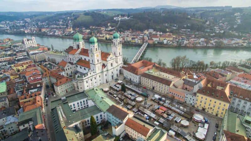 Aerial of Passau Germany Christmas Market and Danube River