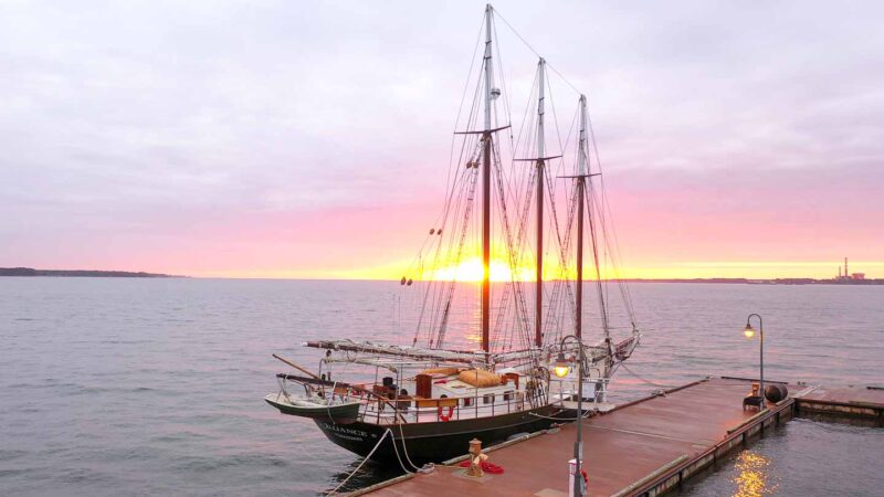 Schooner Alliance docked in Yorktown at Sunrise