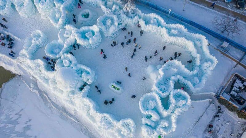 Aerial of Lake Geneva Ice Castles