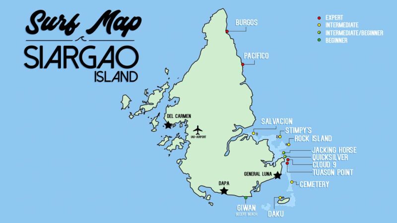 Siargao Island Surf Map - Surfing in Siargao Philippines - Image showing all of the Best Surf Spots