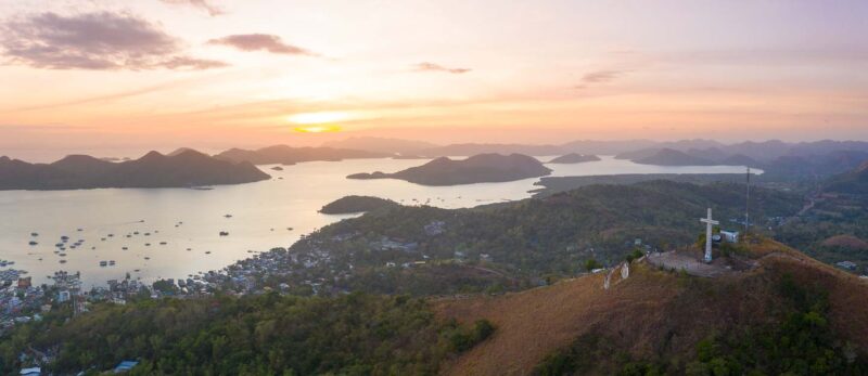 Aerial View of the Sunset over Mt. Tapyas in Coron