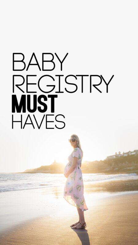 Pergnant Woman standing on the beach - Baby Registry Must Haves Pin