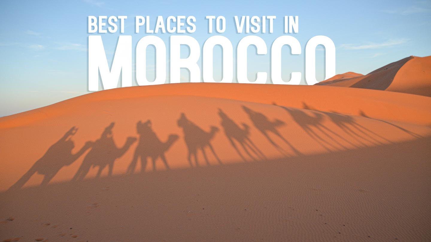 shadows of camels in the sand dunes of the Sahara Desert - Best Places to Visit in Morocco - Featured Image