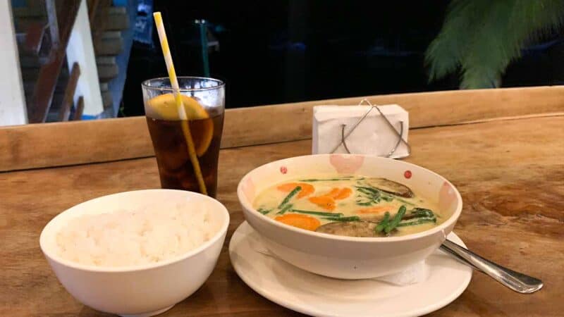 Green Thai Curry in a white bowl served at Big Bad Thai Restaurant in El Nido Palawan Philippines